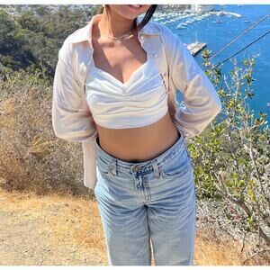 White Satin Ruched Sweetheart Crop Tank Top Blouse